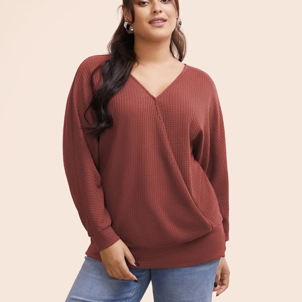 Solid Waffle Knit Wrap Long Sleeve Russet, Shirt, BLOOMCHIC, Size 22/24